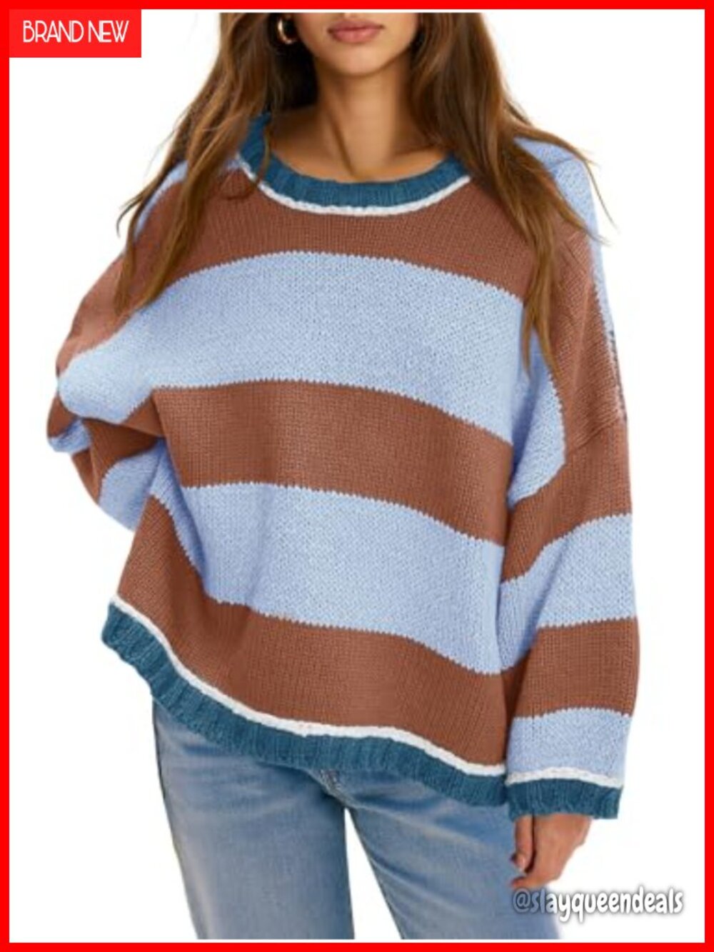 Womens Oversized Crew Neck Pullover Sweater Long Sleeve Striped